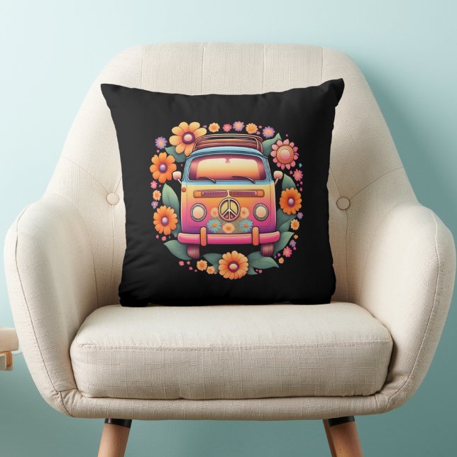 Retro 1960s Flower Bus Throw Pillow (Creator Uploaded)