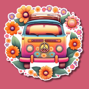 Retro 1960s Flower Bus Waterproof Sticker
