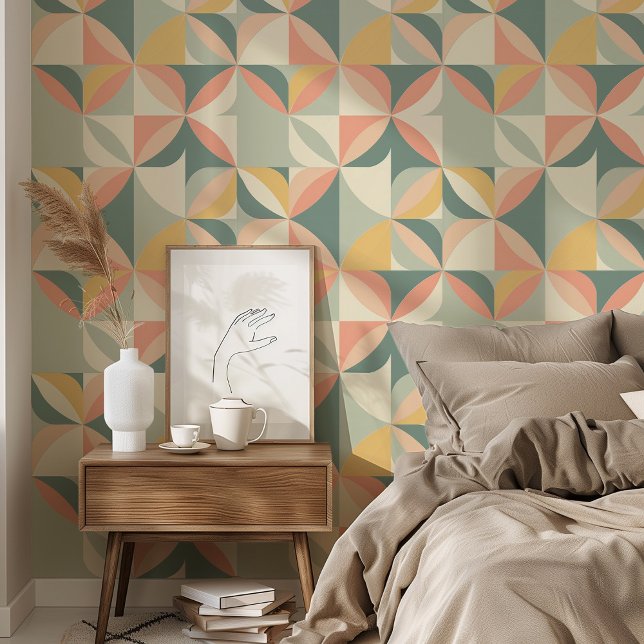 A retro, geometric-style wallpaper with a bed, a bedside table, a vase, a teacup, and some books placed in front.