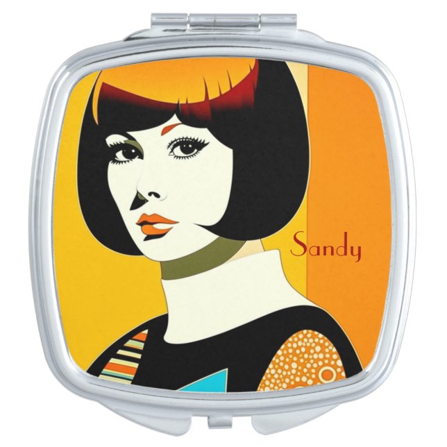Retro 1960s girl - black bob, editable name compact mirror (Front)