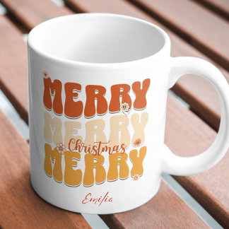 Retro 1960s Groovy Merry Christmas Name Boho Mug
