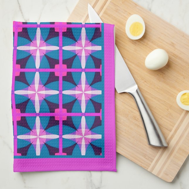 Retro 1960s Pink Blue Aubergine Aesthetic Tea Kitchen Towel (Quarter Fold)