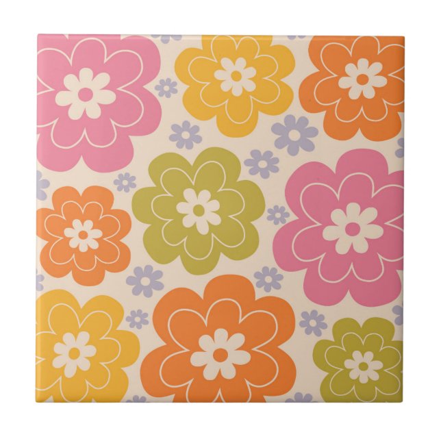 Retro 1960s Style Floral Pattern Ceramic Tile (Front)