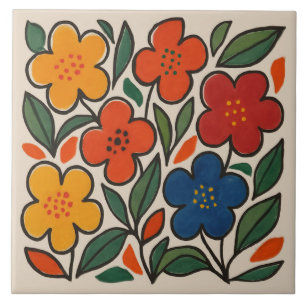 Retro 1960s Style Floral Pattern Ceramic Tile