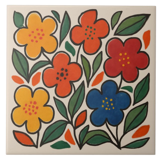Retro 1960s Style Floral Pattern Ceramic Tile (Front)