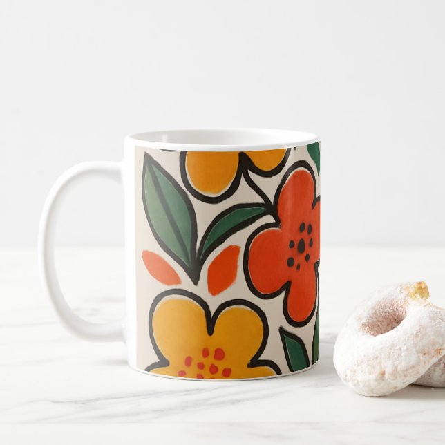 Retro 1960s Style Floral Pattern Coffee Mug (With Donut)