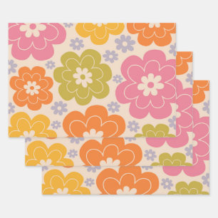 Retro 1960s Style Floral Pattern Wrapping Paper Sheets