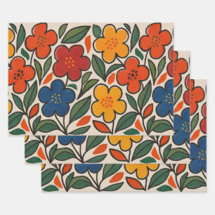 Retro 1960s Style Floral Pattern Wrapping Paper Sheets
