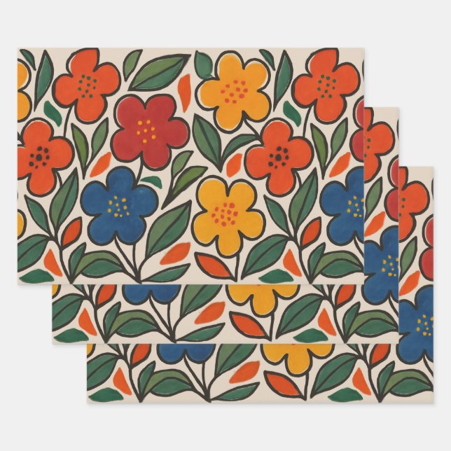 Retro 1960s Style Floral Pattern Wrapping Paper Sheets (Set)