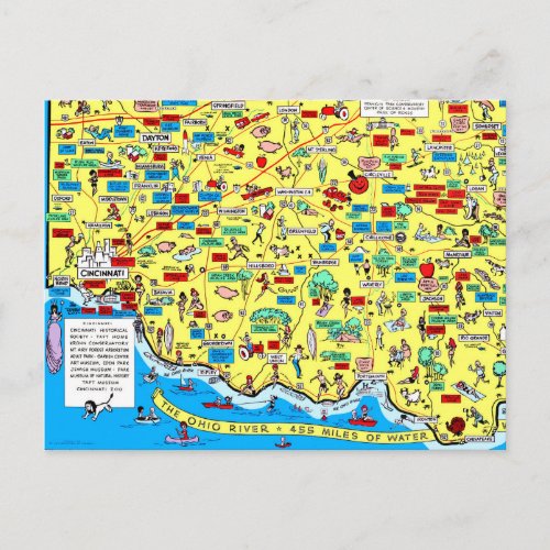 Retro 1966 Cincinnati Ohio map postcard