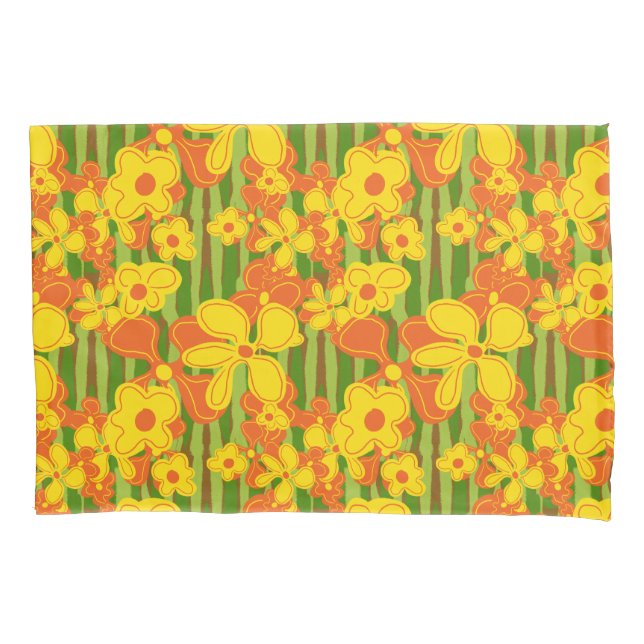 Retro 1970's Bold Bright Orange Yellow Flowers Pillow Case (Front-Left)