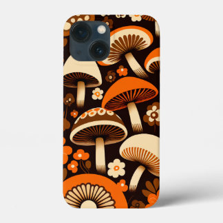 Retro 1970s Brown & Orange Mushrooms & Flowers iPhone 13 Mini Case
