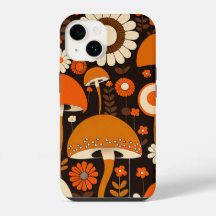 Retro 1970s Brown & Orange Mushrooms & Flowers