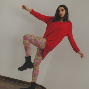 Retro 1970s Collage of Christmas Words Patterned Leggings