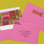 Retro 1970s Collage of Christmas Words Pink Envelope<br><div class="desc">Add a special touch to Christmas cards with these cute custom envelopes. The pink envelopes are ready to be custom printed with your name and return address. The message "Noel" appears on the back flap in orange, chunky retro style lettering. While inside the envelope is a pattern featuring other holiday...</div>