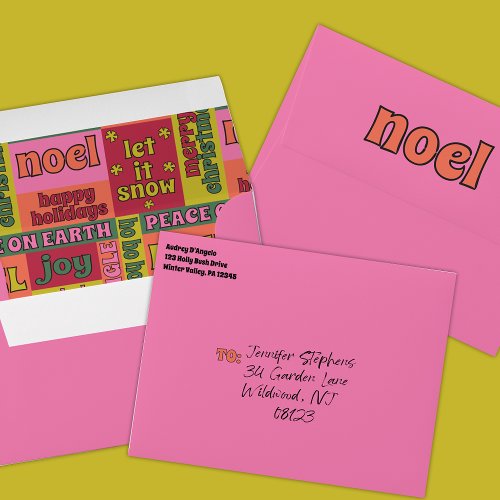 Retro 1970s Collage of Christmas Words Pink Envelope