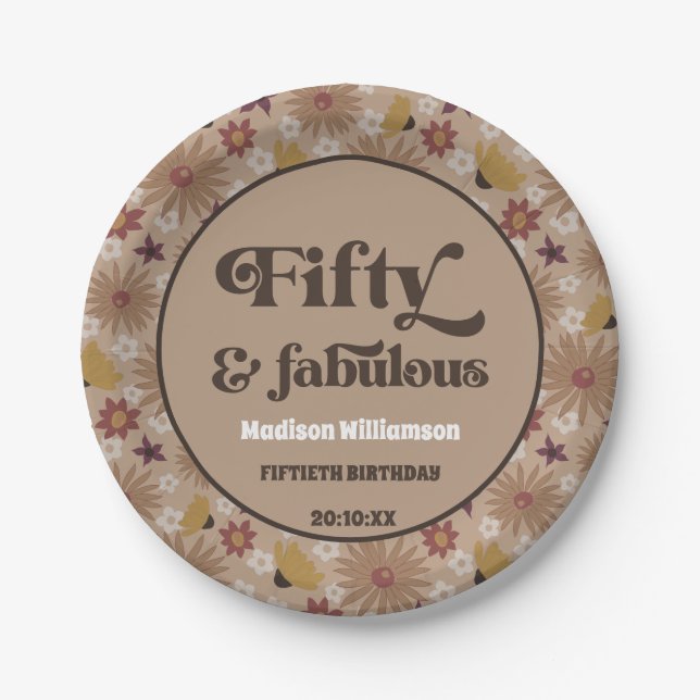 Retro 1970s Floral 50 & Fabulous Birthday  Paper P Plates (Front)