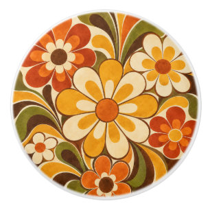 Retro 1970s Floral Ceramic Drawer Knob