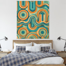 Retro 1970s Geometric Wave Pattern in Teal & Amber