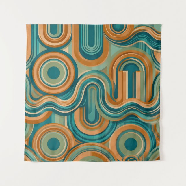 Retro 1970s Geometric Wave Pattern in Teal & Amber Tapestry (Front)