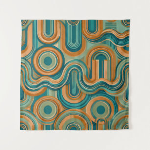 Retro 1970s Geometric Wave Pattern in Teal & Amber Tapestry