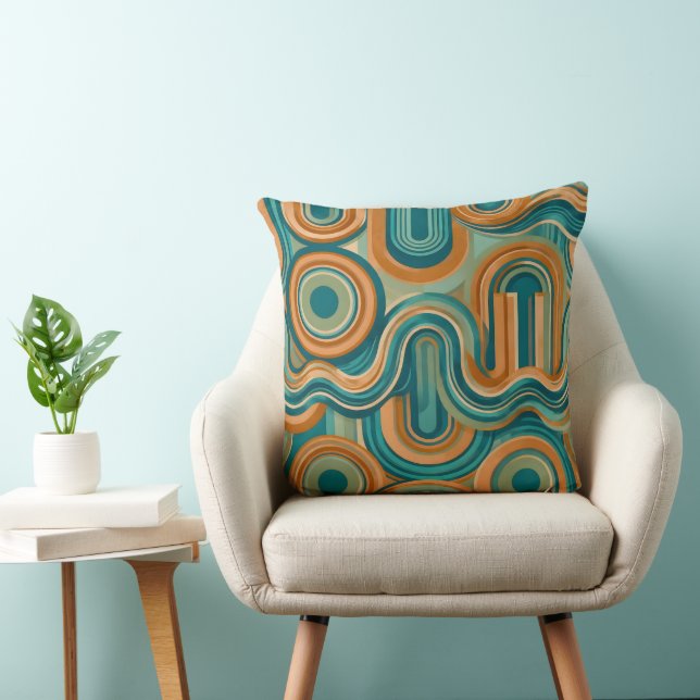 Retro 1970s Geometric Wave Pattern in Teal & Amber Throw Pillow (Chair)