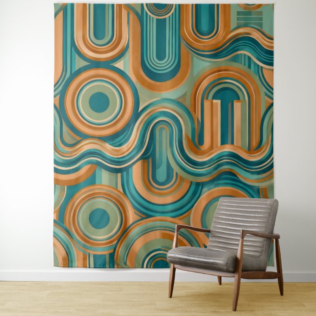 Retro 1970s Geometric Wave Pattern in Teal and Amb Tapestry (In Situ)