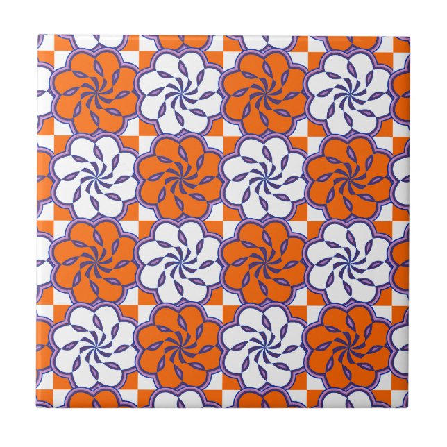 Retro 1970s large floral tile pattern orange white (Front)