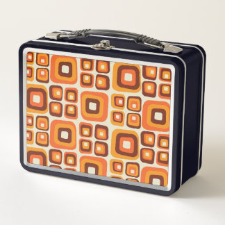 Retro 1970s Mid Century Orange and Brown Geometric Metal Lunch Box