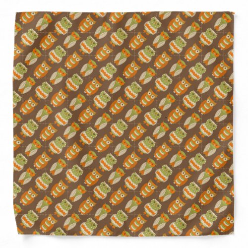 Retro 1970s Orange Green Owls on Brown Patterned Bandana