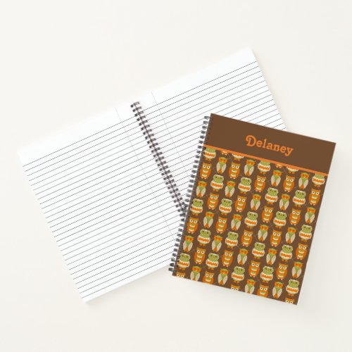 Retro 1970s Orange Green Owls on Brown Patterned Notebook