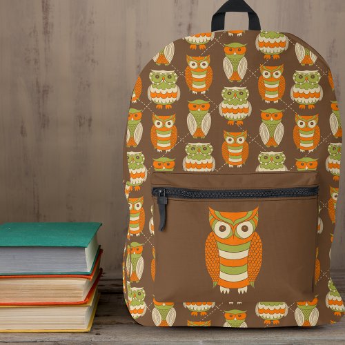 Retro 1970s Orange Green Owls on Brown Patterned Printed Backpack