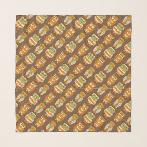 Retro 1970s Orange, Green Owls on Brown Patterned Scarf