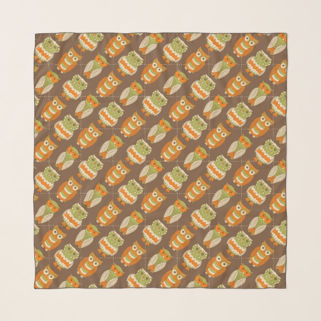 Retro 1970s Orange, Green Owls on Brown Patterned Scarf (Front)