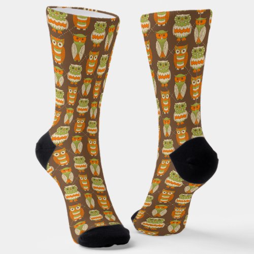 Retro 1970s Orange Green Owls on Brown Patterned Socks