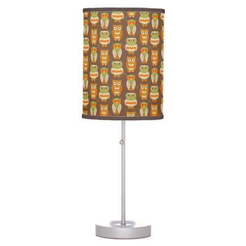 Retro 1970s Orange Green Owls on Brown Patterned Table Lamp