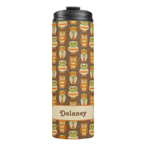 Retro 1970s Orange Green Owls on Brown Patterned Thermal Tumbler