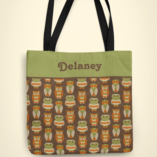 Retro 1970s Orange Green Owls on Brown Patterned Tote Bag