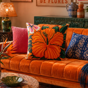 Retro 1970s Orange Hibiscus Painting Throw Pillow