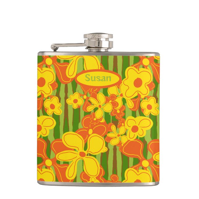 Retro 1970s Orange Yellow Flowers Flask (Front)