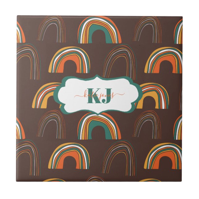 Retro 1970s Rainbow Pattern | Monogram Tile (Front)