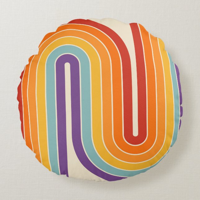 Retro 1970s Style Arched Stripes Geometric Pattern Round Pillow (Front)