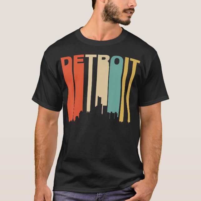 Retro 1970'S Style Detroit Michigan Skyline T-Shirt (Front)