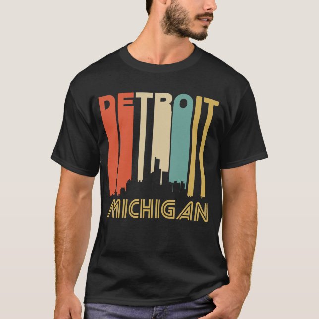 Retro 1970's Style Detroit Michigan Skyline T-Shirt (Front)