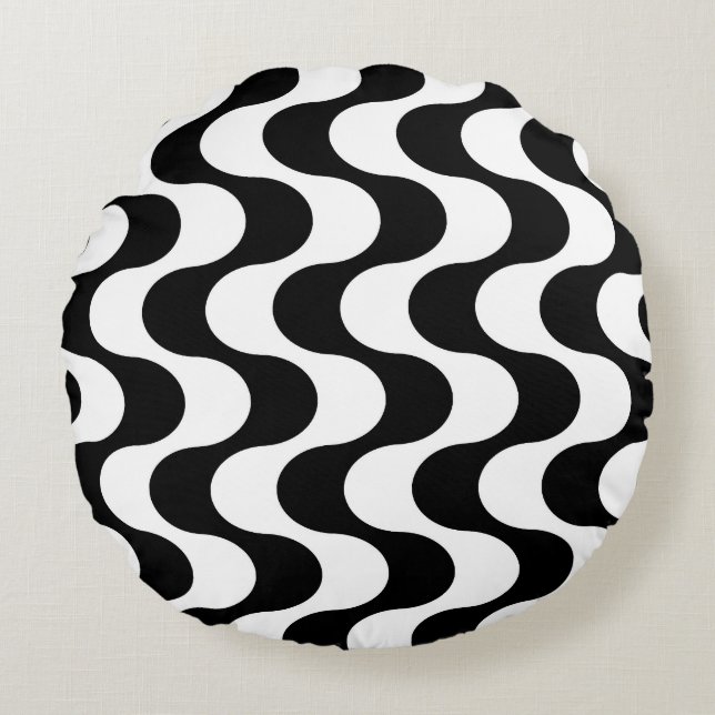 Retro 1970s Style Wavy Op-Art Stripe Pattern Round Pillow (Front)