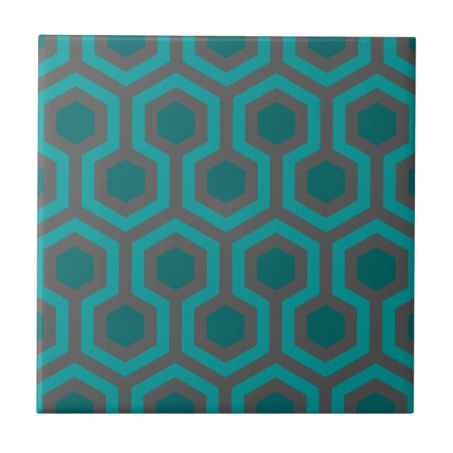 Retro 1970s Teal Turquoise Green Abstract Pattern Ceramic Tile (Front)