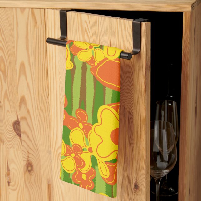 Retro 1970s Yellow Orange Flowers Kitchen Towel (Thirds Fold)
