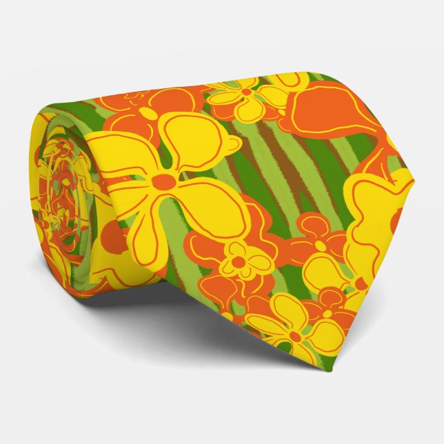Retro 1970s Yellow Orange Flowers Neck Tie (Rolled)