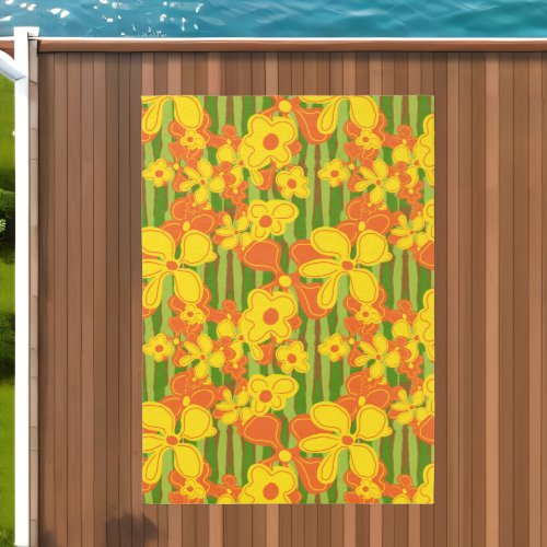 Retro 1970s Yellow Orange Flowers Outdoor Rug