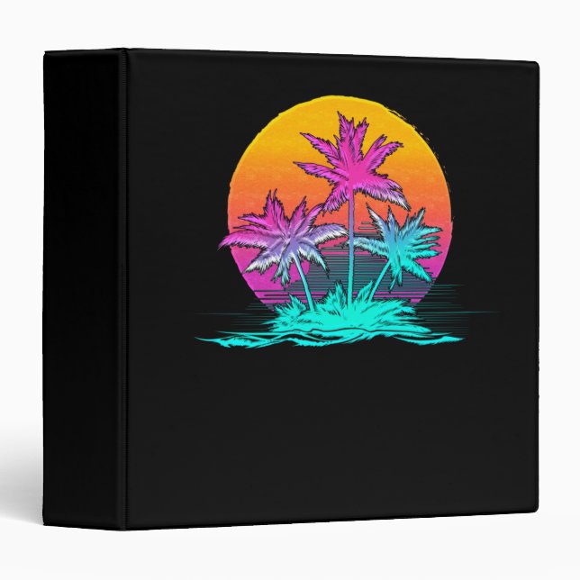 Retro 1980s 1990s Vaporwave Palm Trees Sunset Beac 3 Ring Binder (Front/Spine)